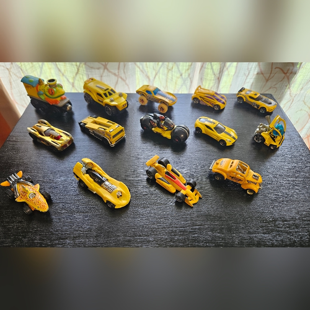 14 Yellow Hot Wheels Mattel Cars, Motorcycle, Freddie Frog Train, Hyper Mite